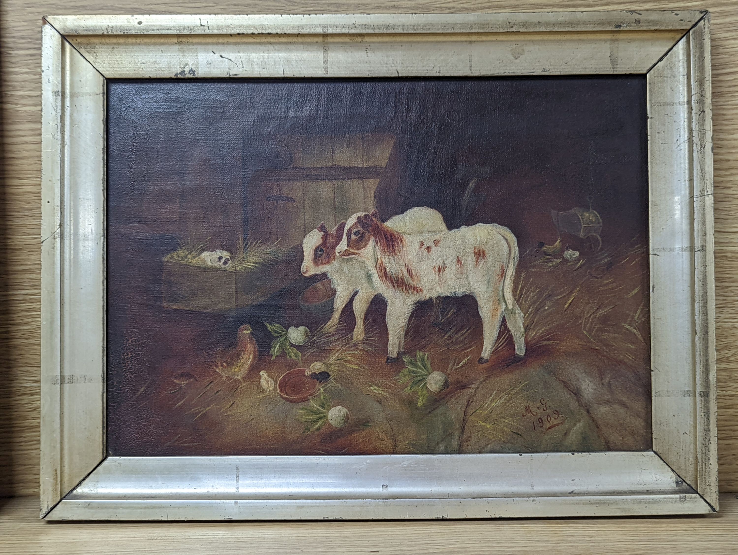 MG, 1909, oil on canvas, Cows and chickens in a stable, signed and dated, 24 x 34cm